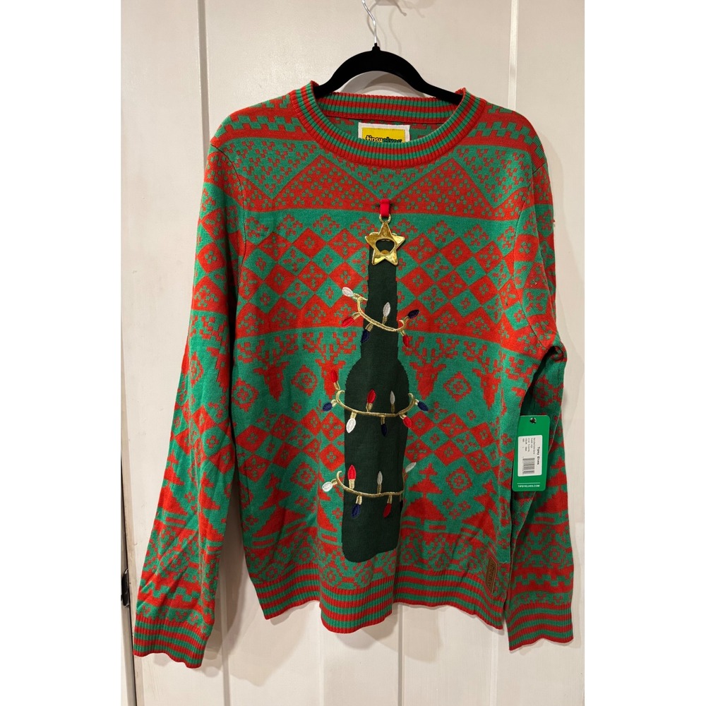 Tipsy Elves Mens Beer Bottle Opener Ugly Christmas Sweater Green Red Large NEW